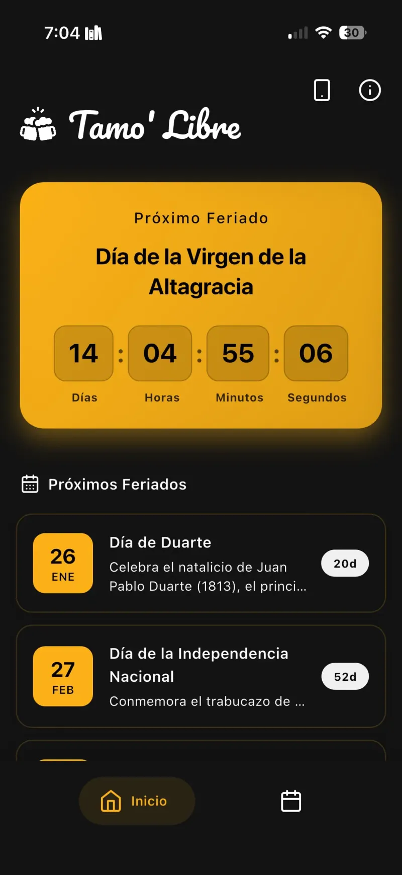 Captura de pantalla de la aplicación Tamo' Libre mostrando el calendario de feriados