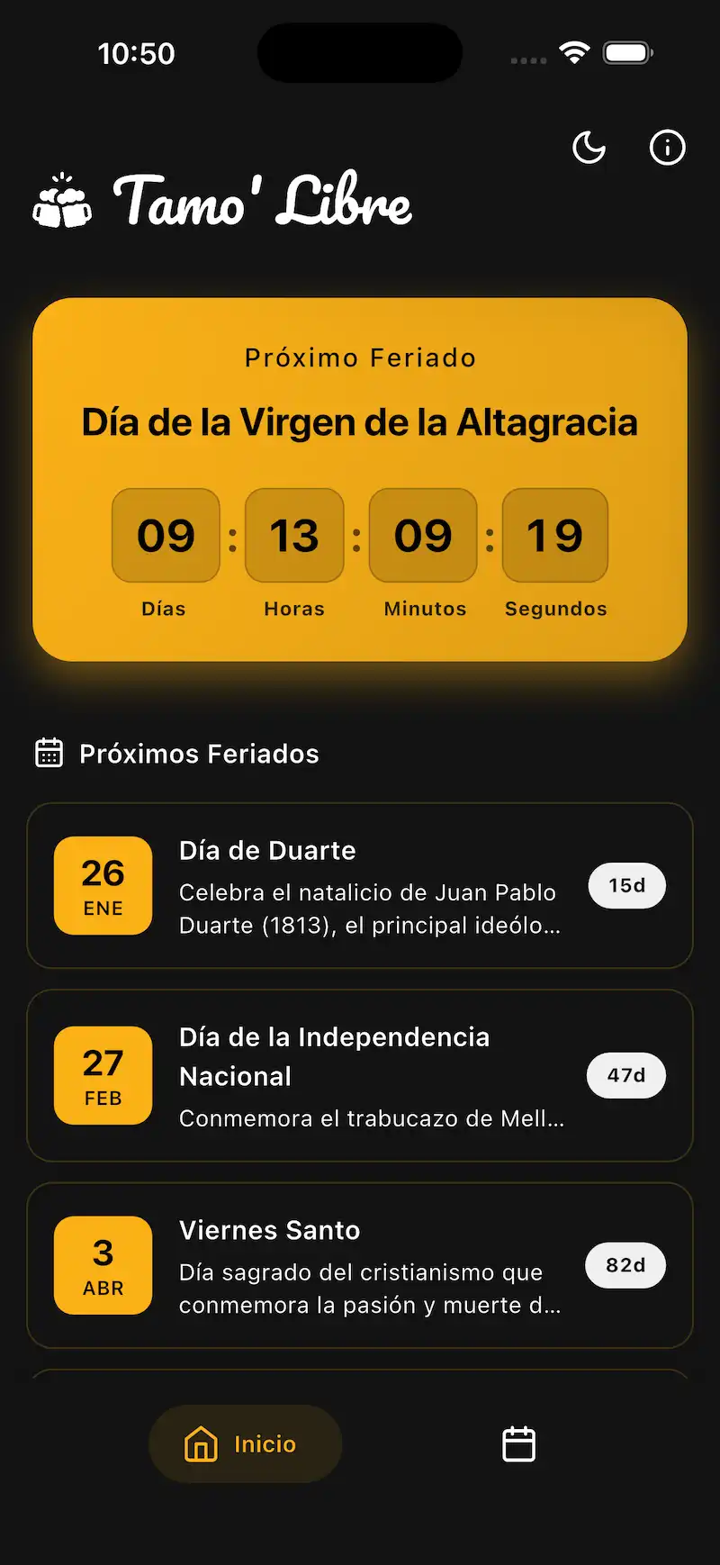 Captura de pantalla de la aplicación Tamo' Libre mostrando el calendario de feriados